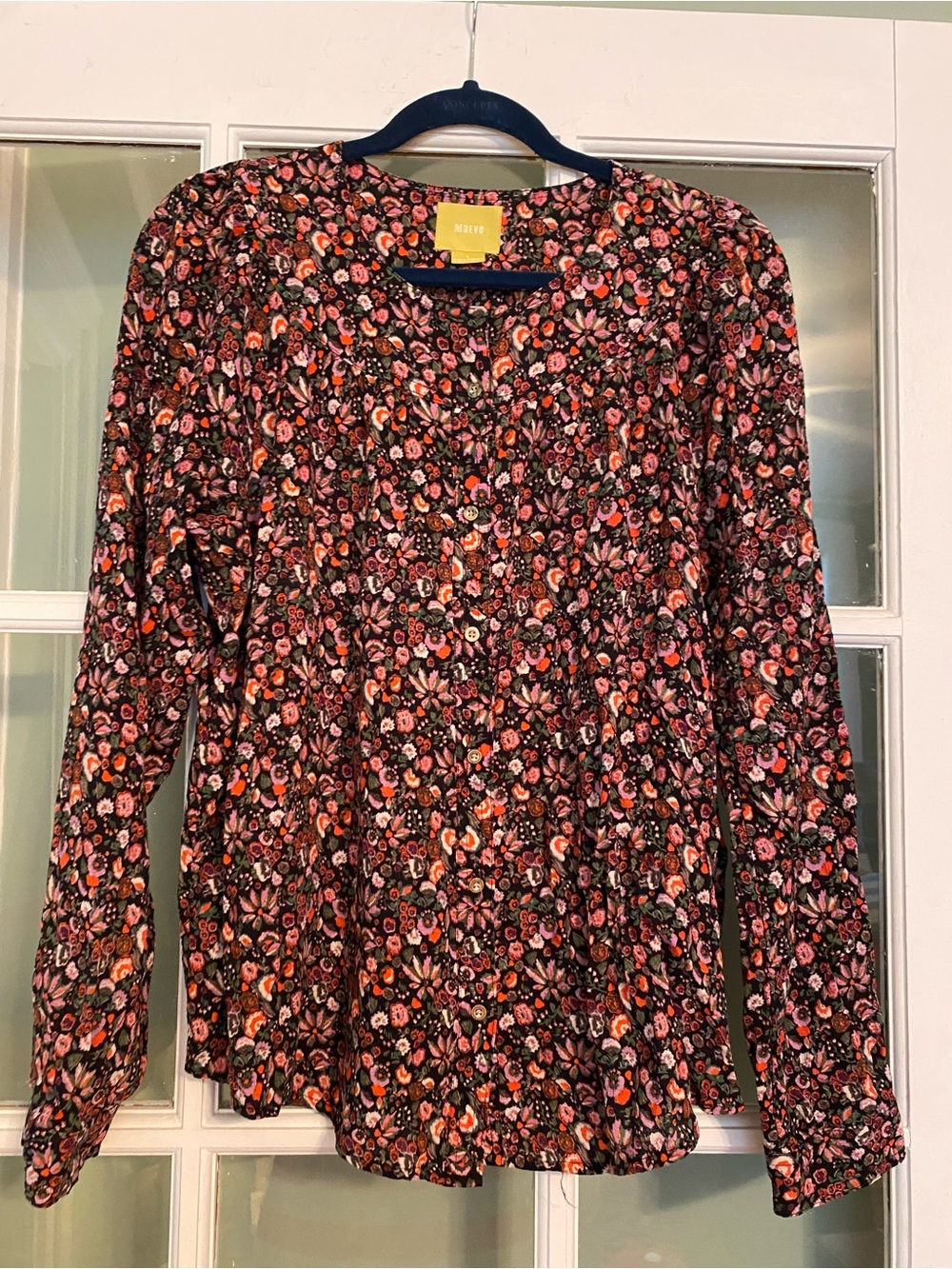 Maeve Black Floral V-Neck Blouse with Pink & Orange Blooms